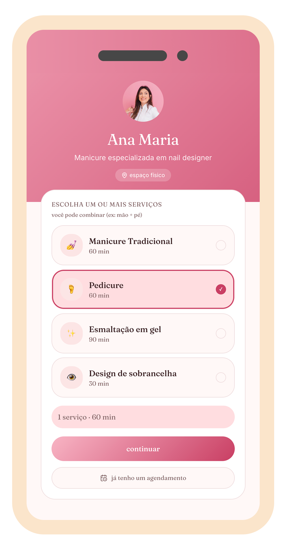 prévia do fluxo de agendamento no celular